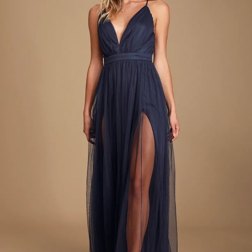 NWT Lulus Rare Beauty Navy Blue Tulle Backless Maxi Dress